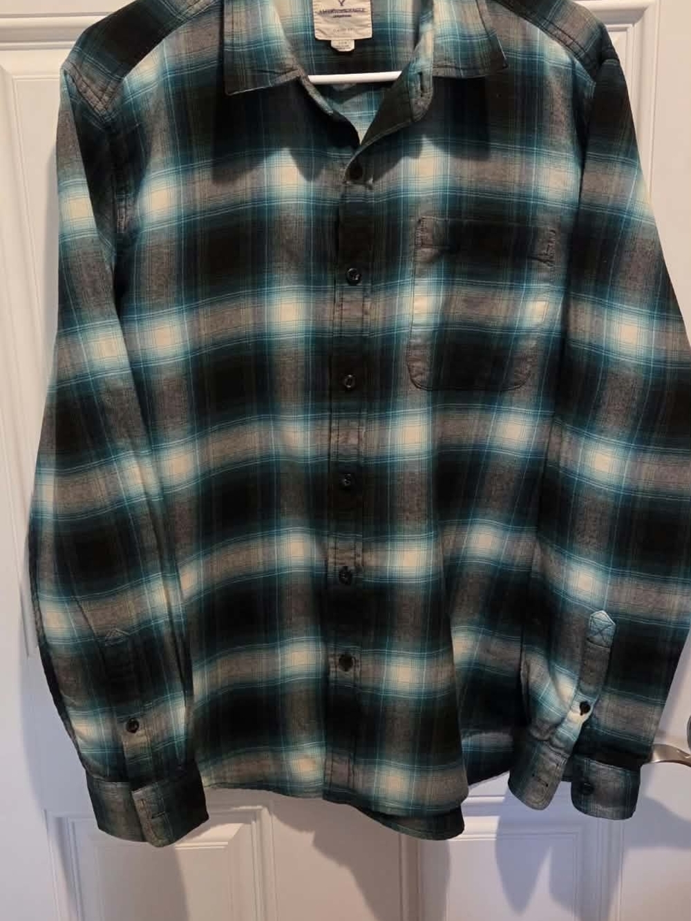 American Eagle Outfitters Men's Plaid Button-Down Shirt - Teal, Black & White